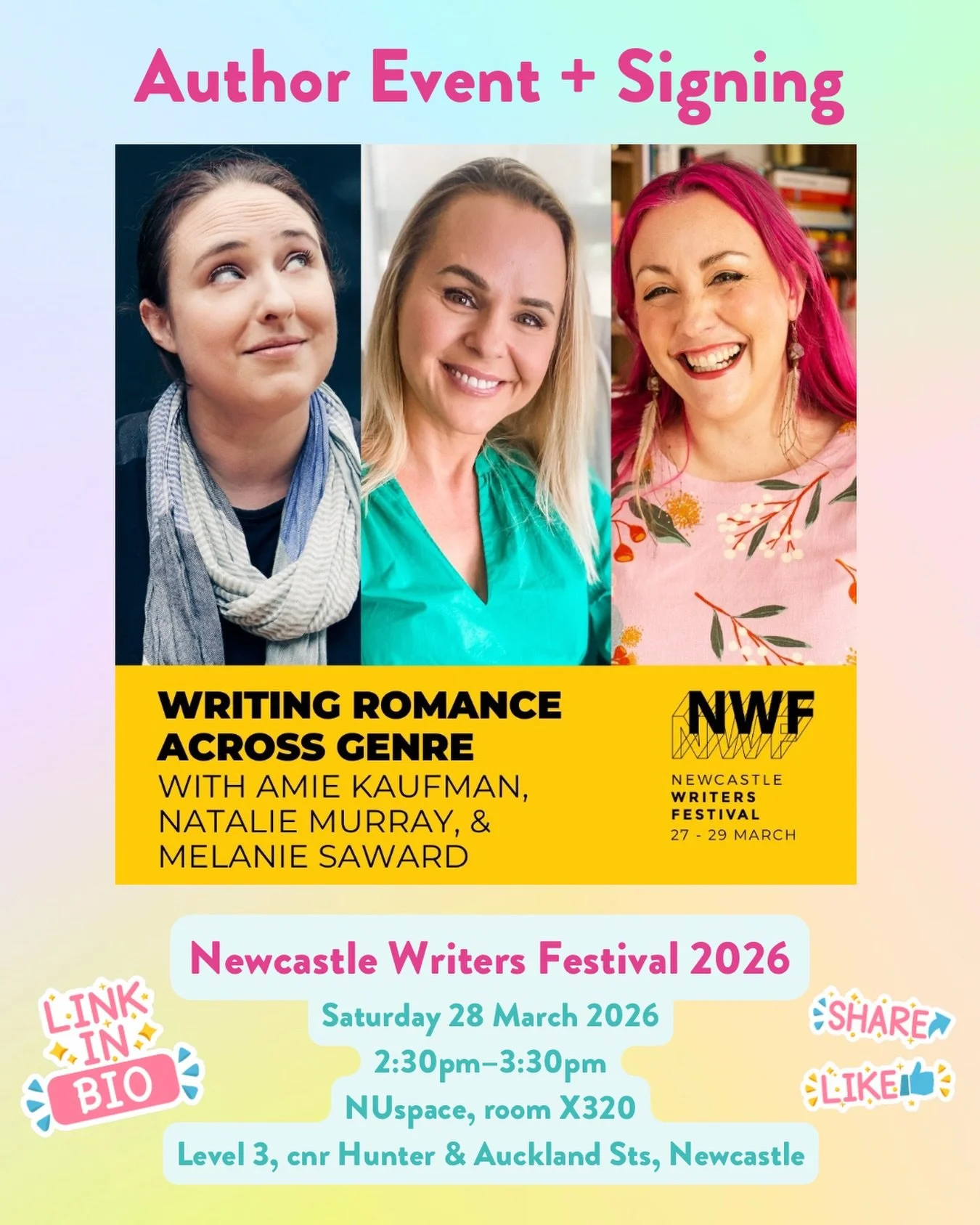I'm being let out of the cage! 🥳 I'm too excited to be back at the incredible Newcastle Writers Festival this year, this time alongside three absolute legends: @amiekaufmanauthor, @littleredwrites, and our wonderful moderator @katharinepollockauthor