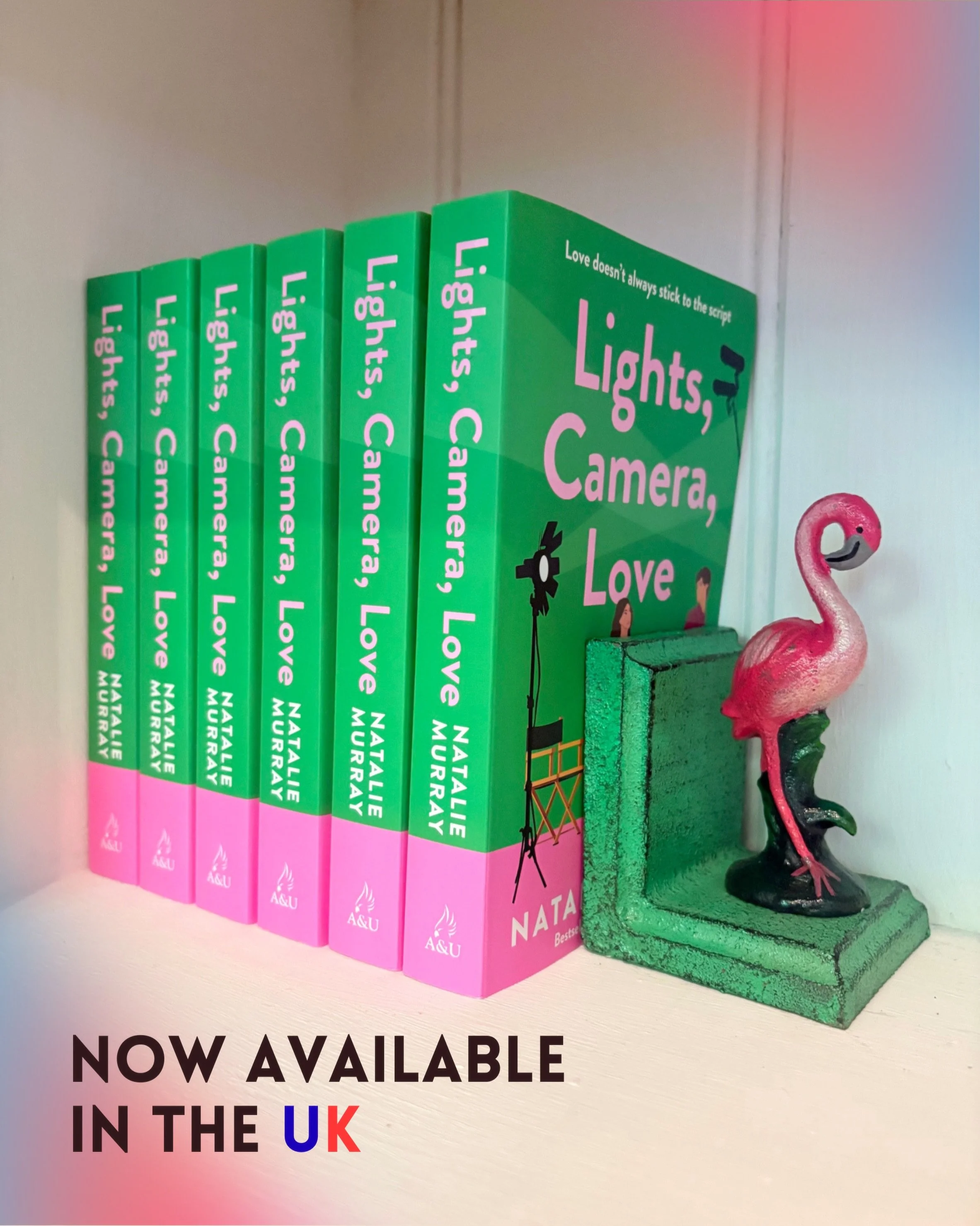 To my reader friends in the sceptred isle! 🇬🇧 You can now pick up a copy of 'Lights, Camera, Love' in paperback and ebook. 🫶🏼

Side note: How perfectly does it match my gorgeous bookends, gifted to me by my dear friends at @_interiorwise? 😍🩷💚
