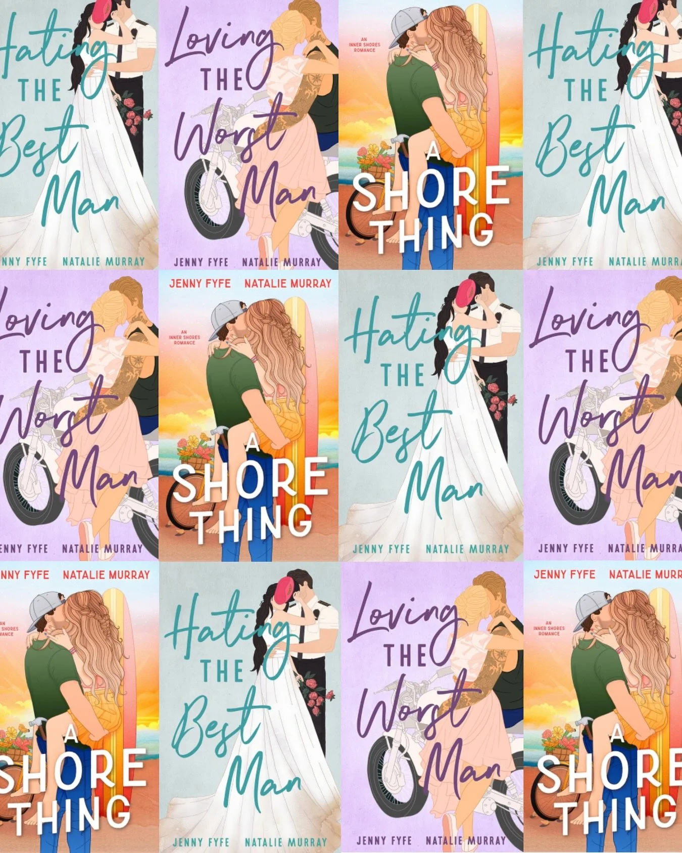 All our JN Romance books (so far), co-written with my writing wife, Jenny Fyfe (does rhyming make me sound more Irish, @authorjennyfyfe? ☘️)

And yes, inspired by BK Borinson's gorgeous flatlay of her Heartstrings series (even tho I don't think flatl