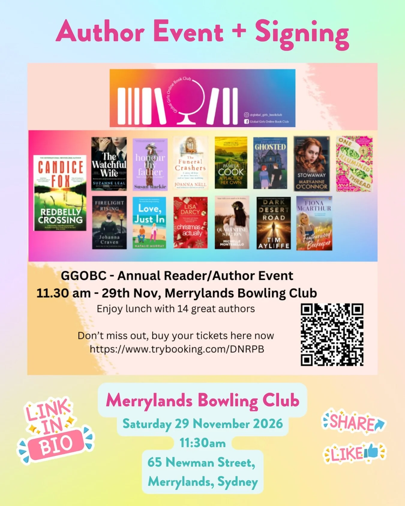 Hey Sydney, it me! 👋🏼 I&rsquo;m so pleased to be heading to my home town to join a line-up of 14 Australian authors at the GGOBC Annual Reader and Author Lunch. 

Enjoy a delish feed, meet other readers and chat about music (I mean, BOOKS), and win