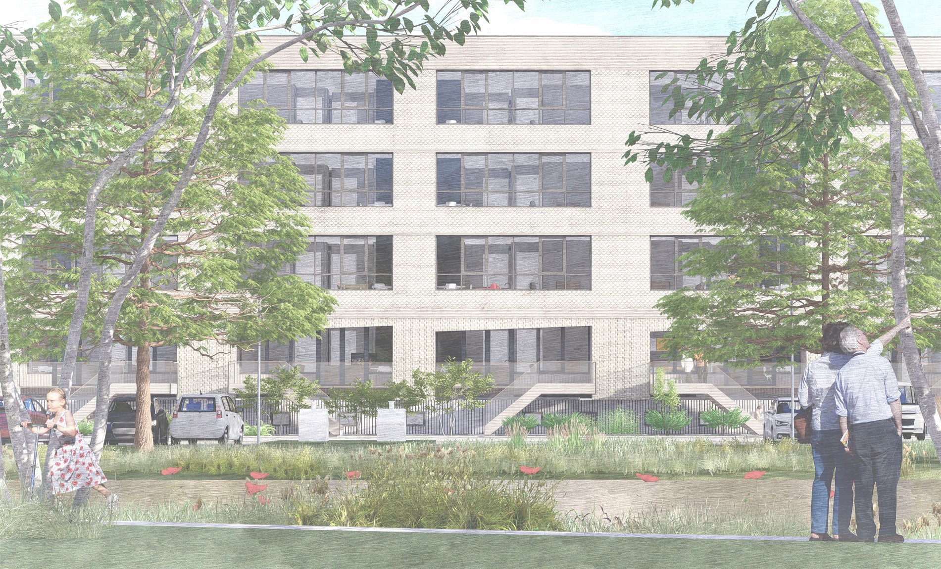 aanzicht vanaf de Rembrandstraat, over de singel. Ieder gebouw heeft een eigen houten patroon, en daarmee een eigen identiteit. (conceptafbeelding)