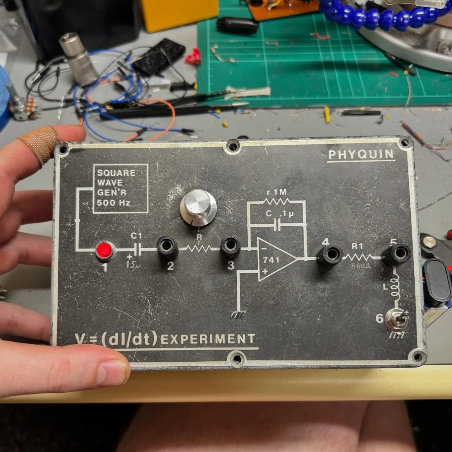 Sometimes day jobs can be pretty fun.
We inherited some old test equipment from the physics lab and this box was just calling out to be turned into a single knob fuzz. Turns out we had all the components on hand for an EQD Acapulco Gold clone, so af