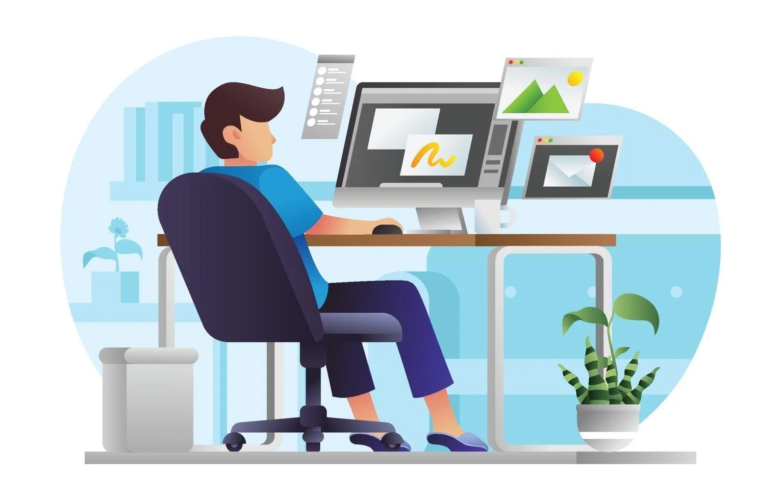 Homme qui travaille à un bureau avec un ordinateur