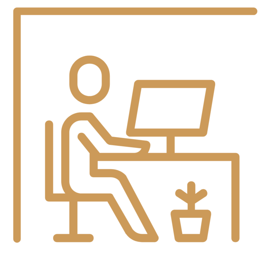 Icône d'une personne assise à un bureau avec un ordinateur, sous un plafond avec deux lampes, et une plante à côté.