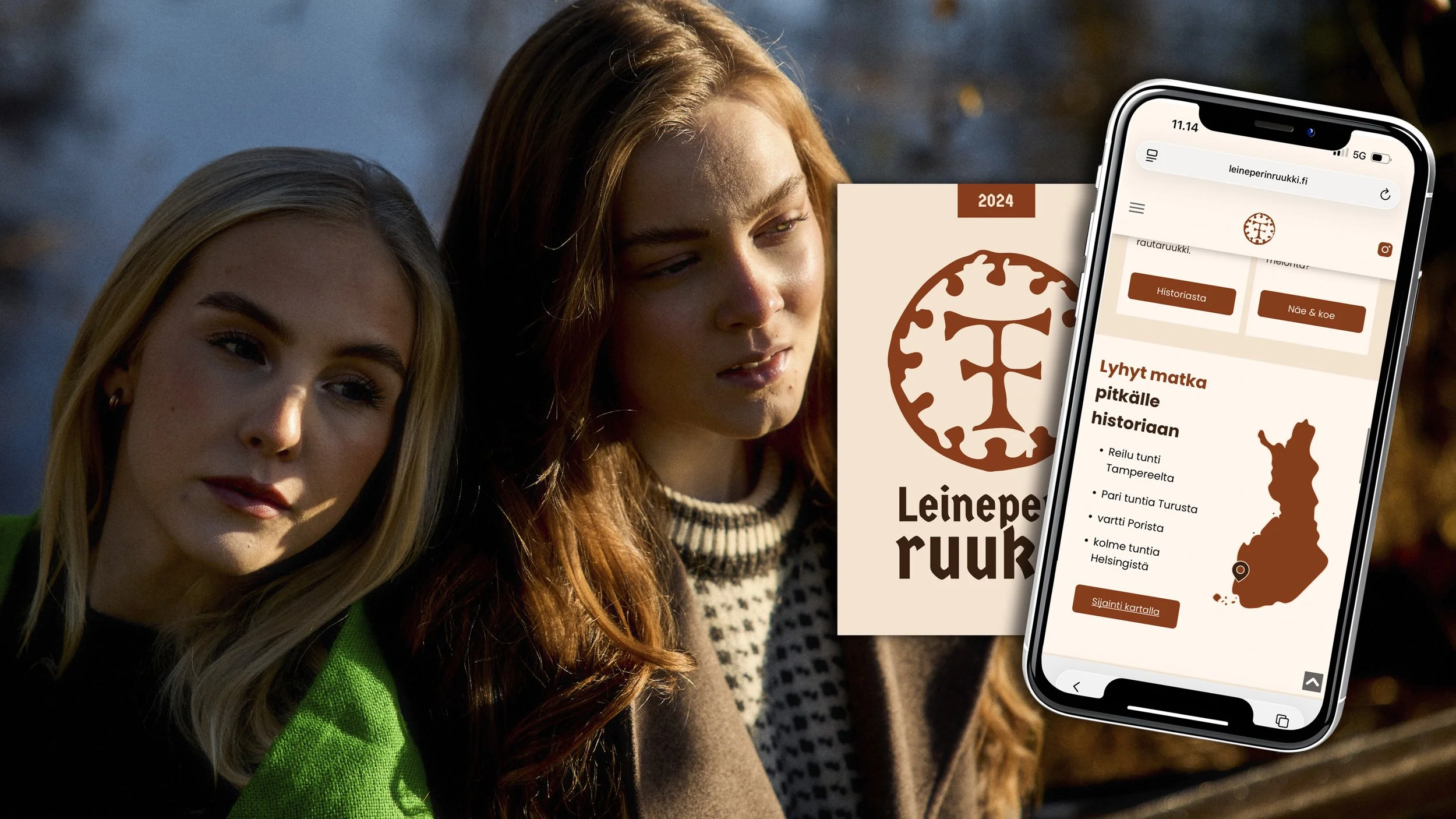 Oskari Huhtasen luoman brändin mockup kuva, jossa kaksi tyttöä Leineperin ruukilla ja brändi grafiikkaa