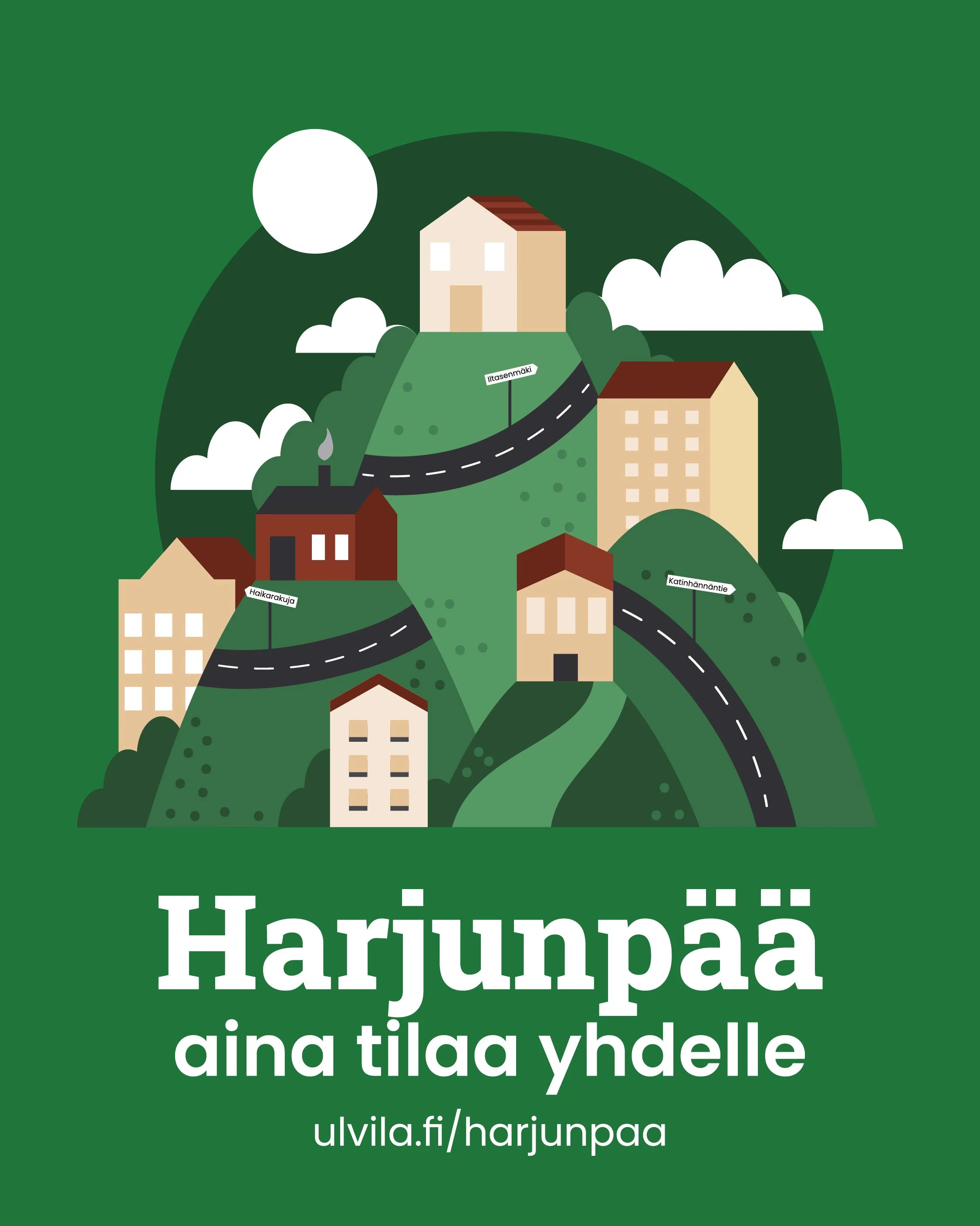 Oskari Huhtasen suunnittelema kampanja kuva, jossa taloja kukkulalla vihreällä taustalla