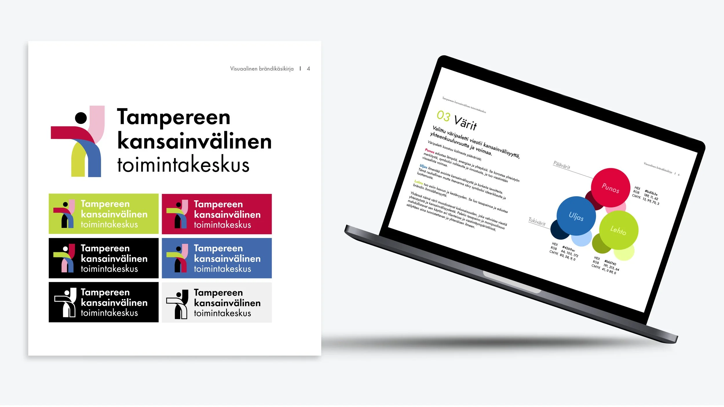tampereen kansainvälisen toimintakeskusken visuaalisen brändikäsikirjan mockup kuva, jossa kalteva tietokone ja logo-ohjeistus