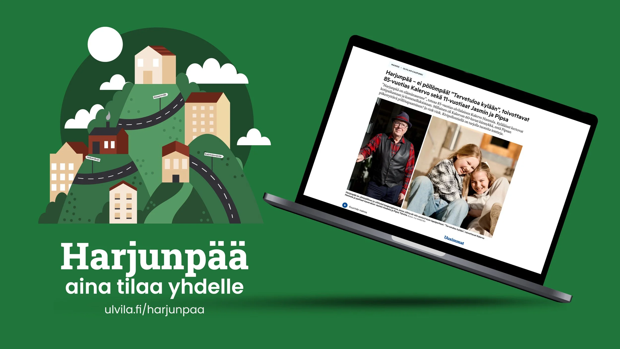 Oskari Huhtasen suunnitteleman Harjunpään mainoskampanjan mockup kuva, vihreä tausta jossa graafisia taloja ja kuva tietokoneesta