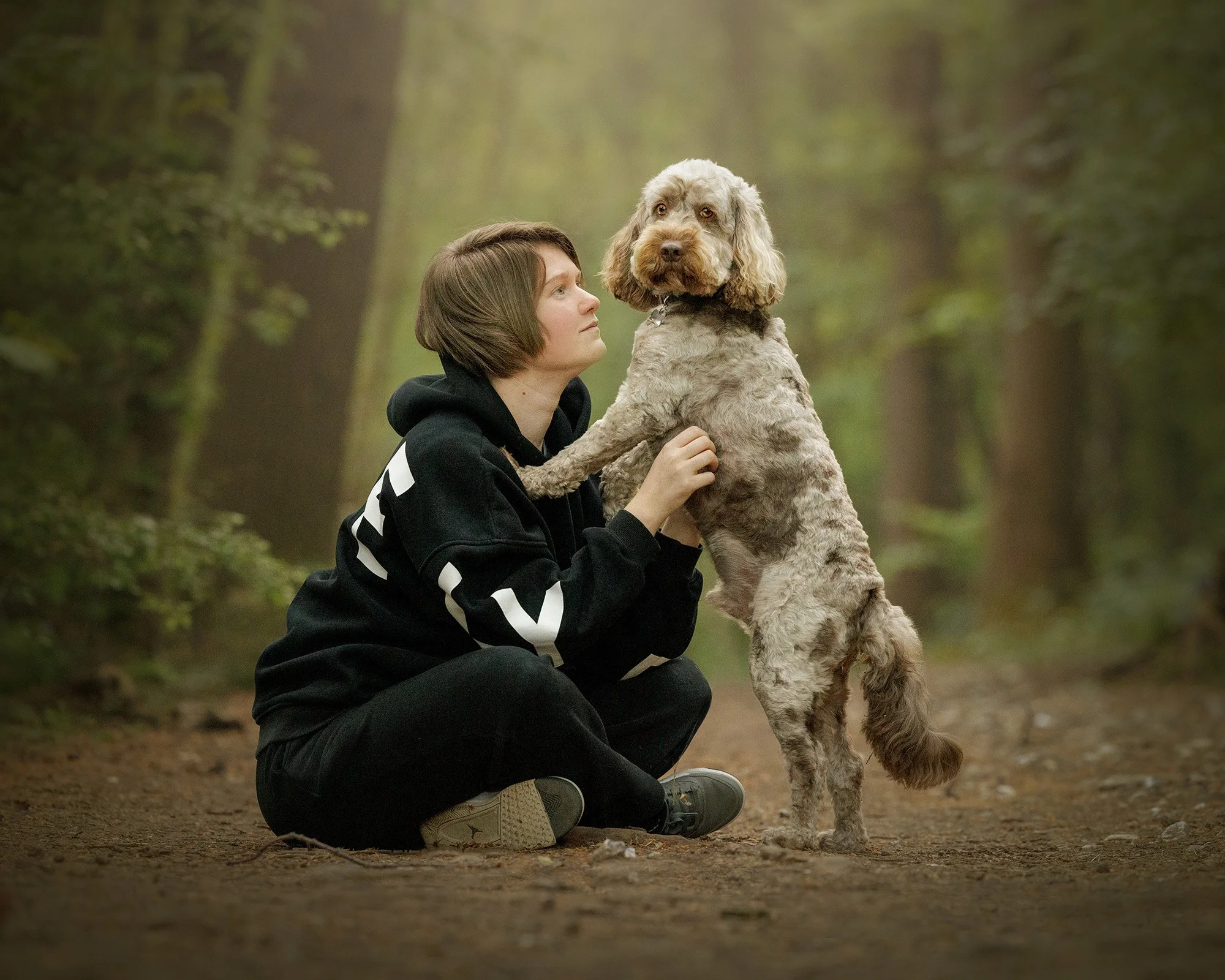 A person sitting on the ground in a black hoodie and black pants holding a golden-colored, curly-haired dog in an outdoor forest setting with fog and tall trees.