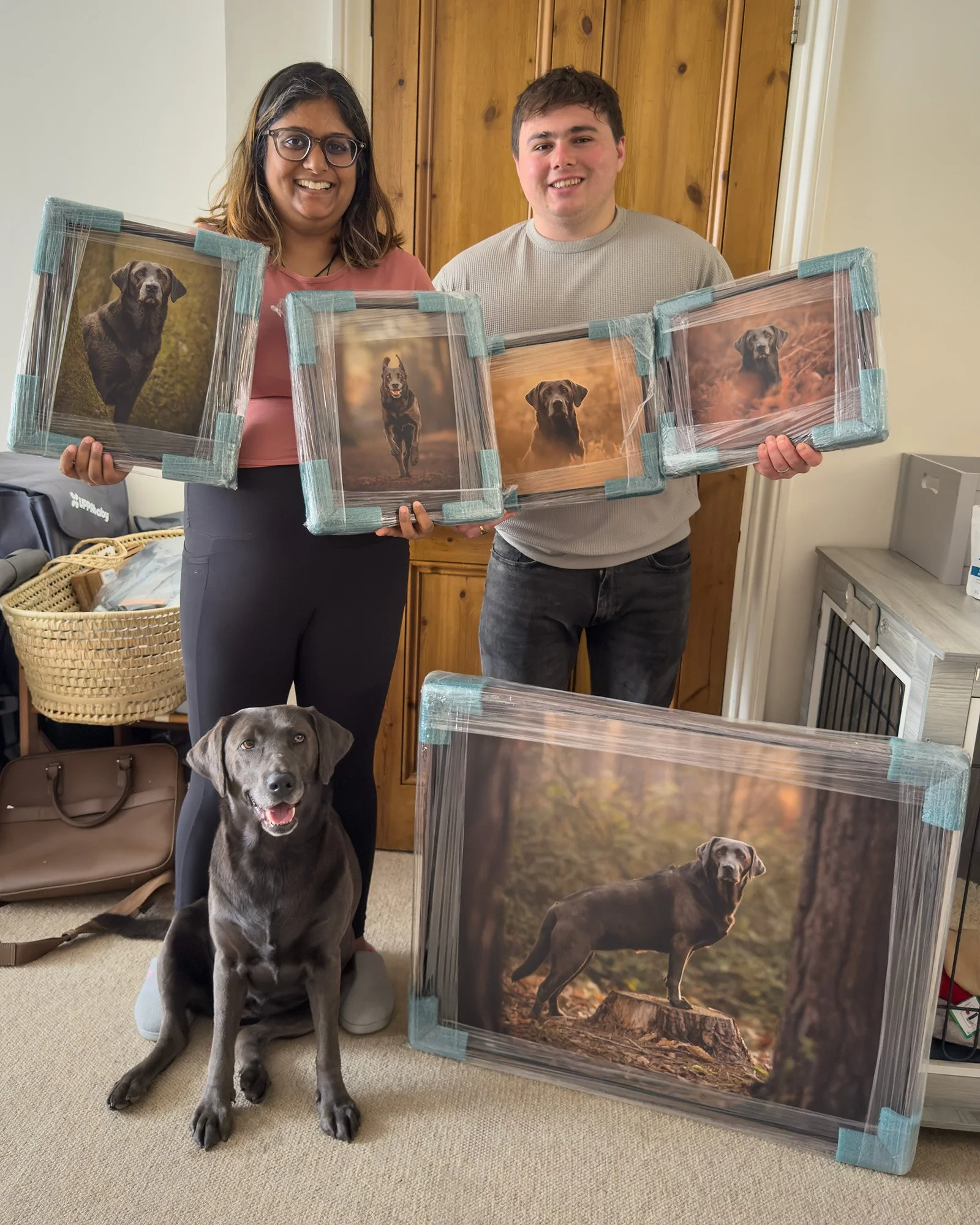 a husband and wife with their silver labrador dog, holding their five pieces of wall art they purchased from their pet photography session with london dog photographer amie barron