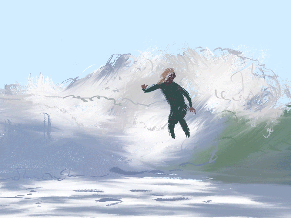 A person surfing on a wave during daytime, captured in a painterly style.