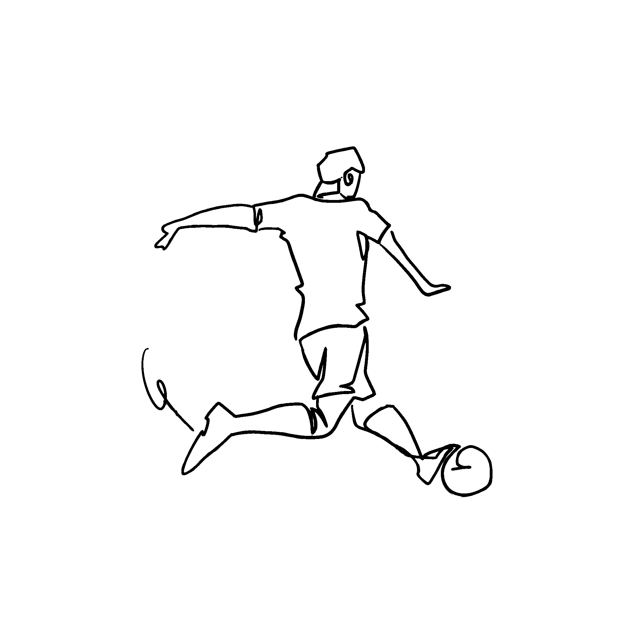 Line drawing of a person in a t-shirt and shorts, kicking a soccer ball.