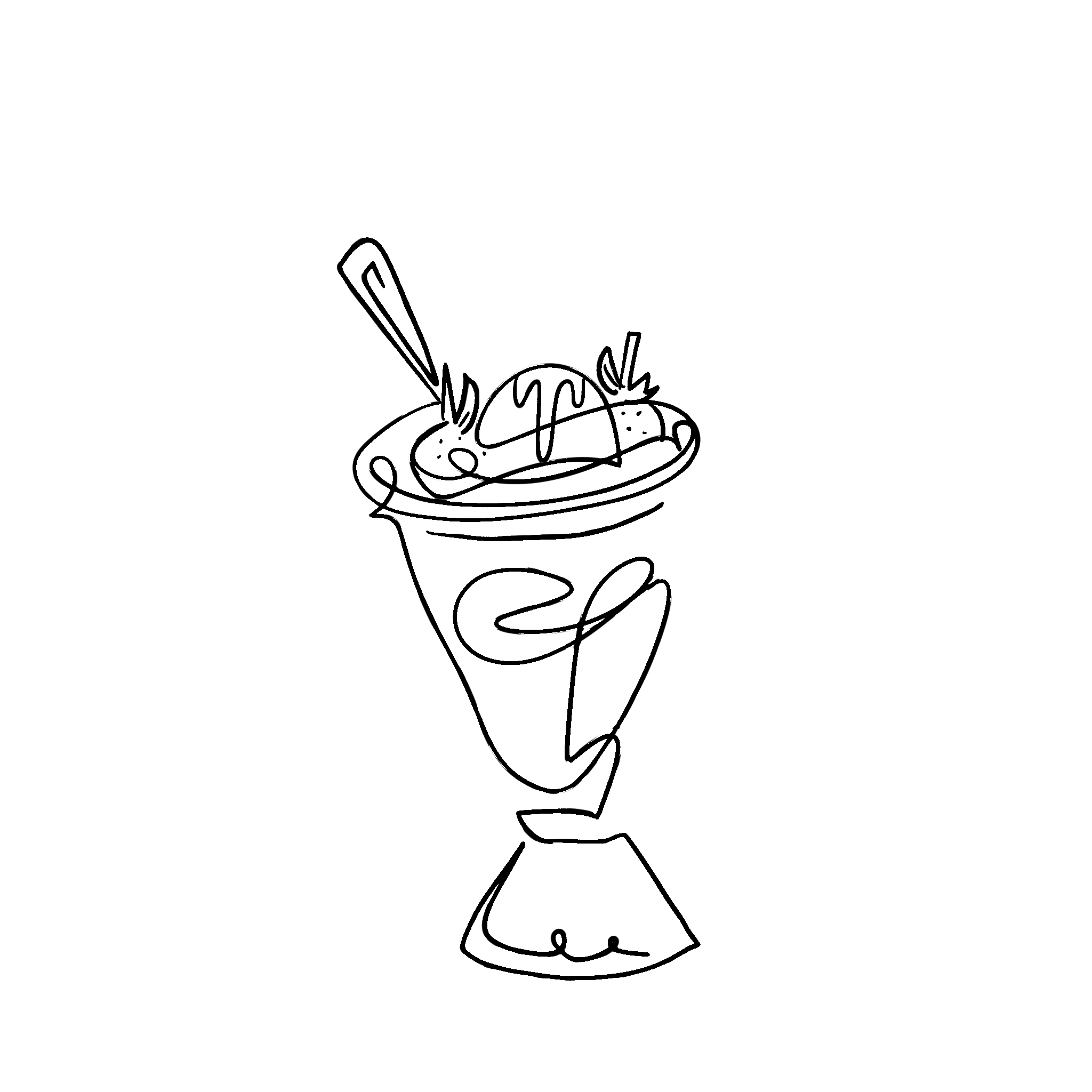 A line drawing of a tall glass with an ice cream sundae, whipped cream, a cherry on top, a spoon, and two straws.