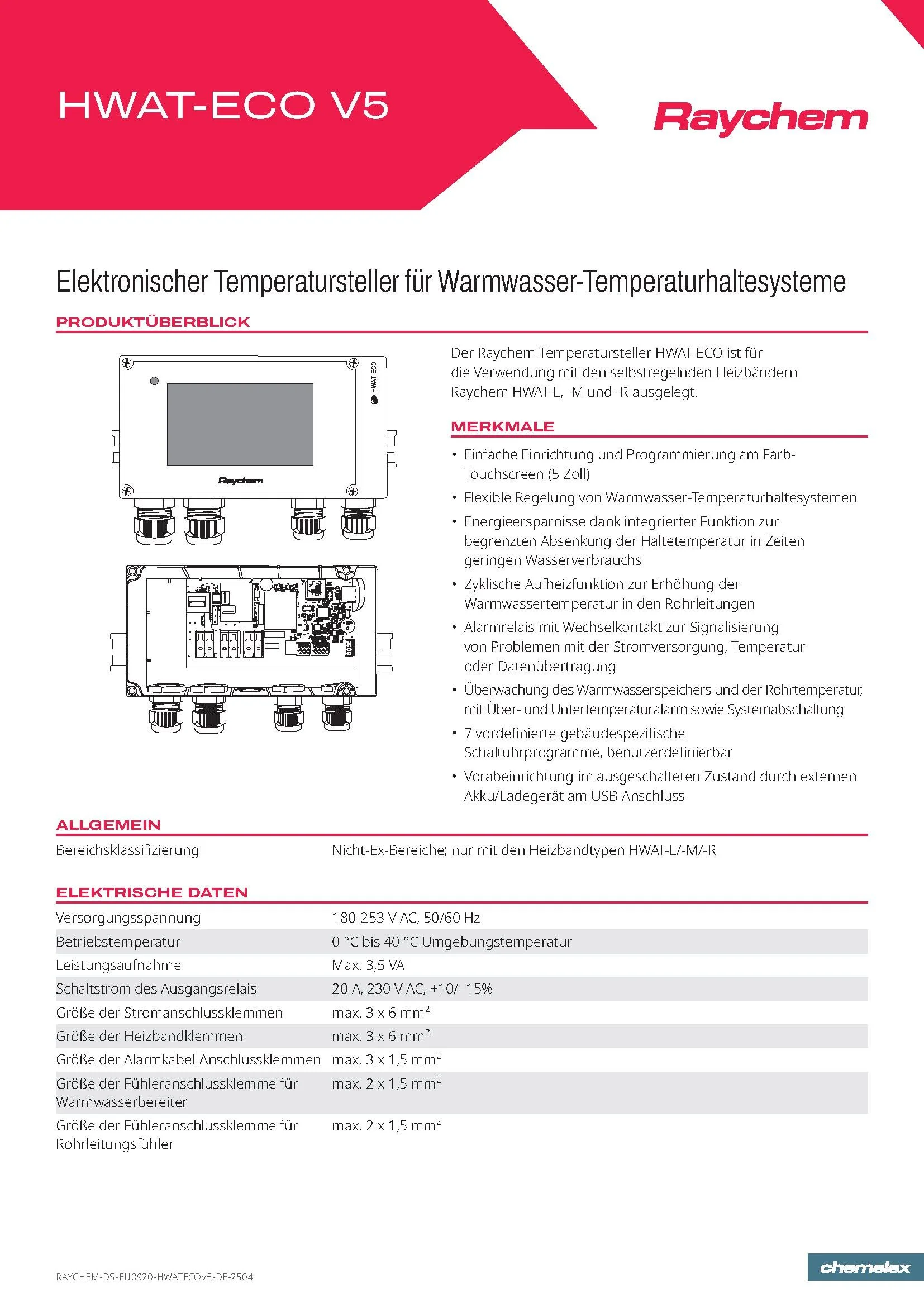 Produktbeschreibung eines elektronischen Warmwasser-Temperaturreglers, das HWAT-ECO V5 von Raychem, mit technischen Daten und Funktionen, inklusive Abbildungen des Geräts.