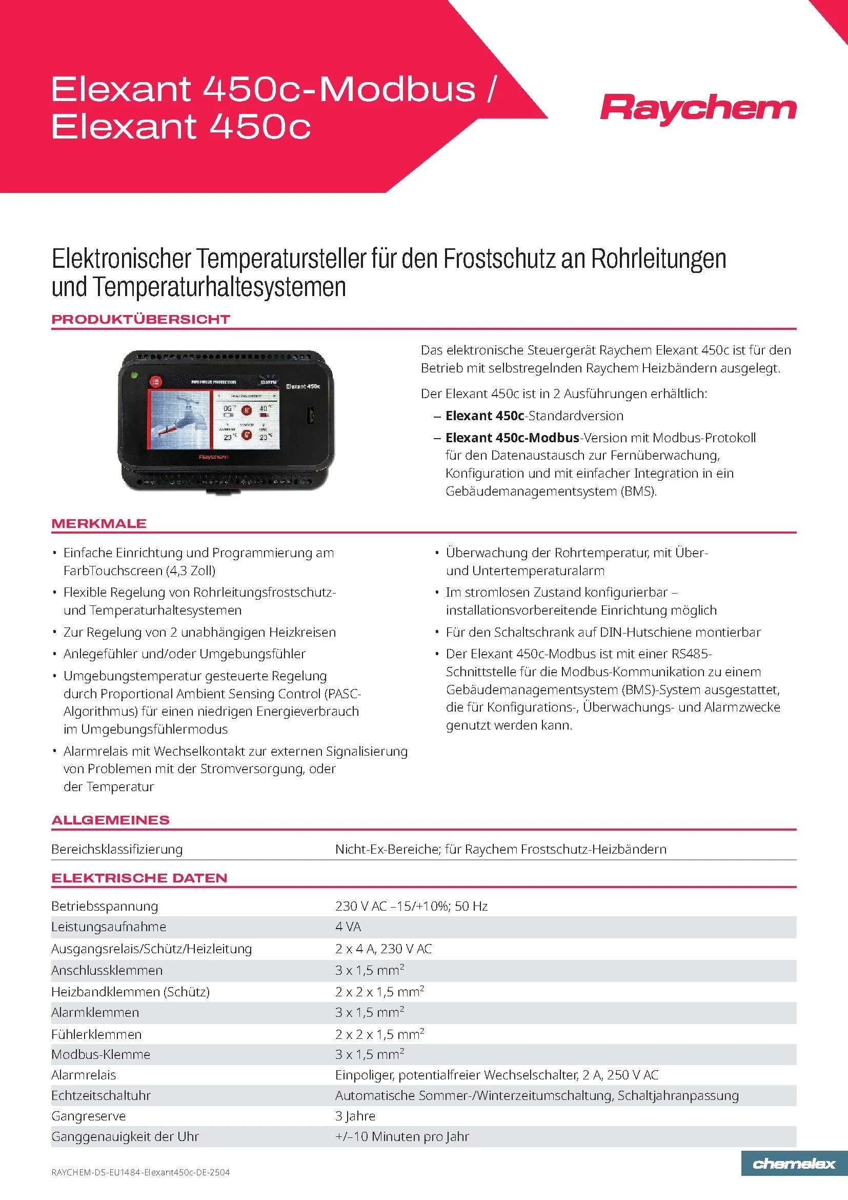 Produktinformation für Raychem Elegent 450c-Modbus, elektronische Temperatursteuerung für Rohrfrostschutz, mit Abbildung des Geräts auf einem Datenblatt.