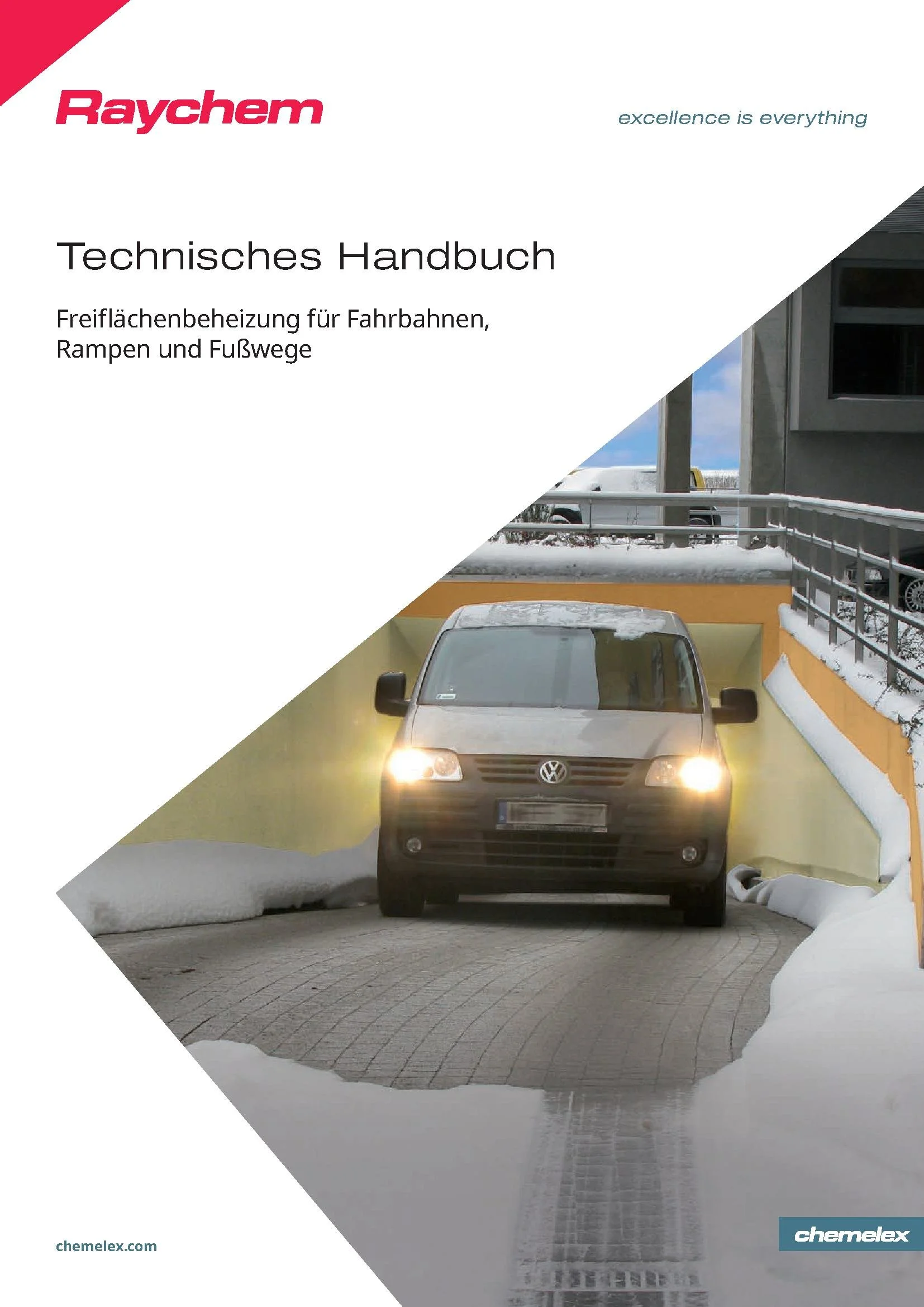 Titelblatt eines technischen Handbuchs für Fußbodenheizung im Freien, mit einem Auto in einer schneebedeckten Tiefgarage.