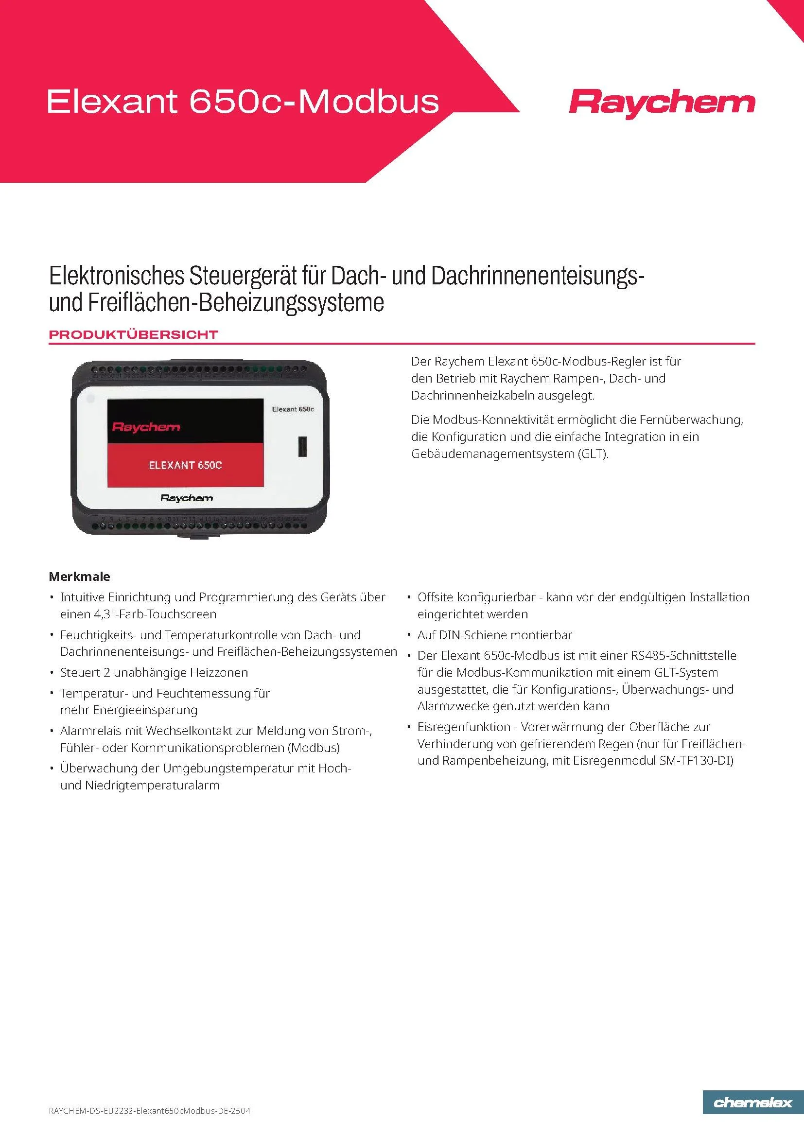 Produktseite für Raychem Elexant 650c-Modbus-Regler, ein elektronisches Steuergerät für Dach- und Dachrinnenheizsysteme, mit Bild des Geräts, rotem und weißem Design, und Text mit Produktmerkmalen auf Deutsch.