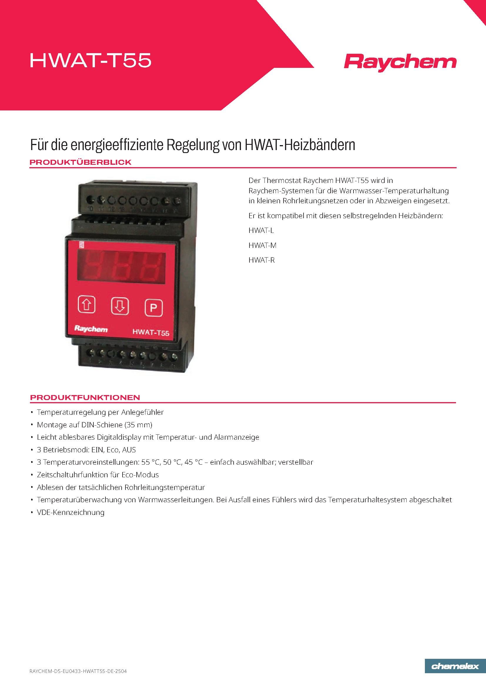 Produktbroschüre für den Heizungsregler Raychem HWAT-T55, rote Überschrift, Produktbild des Thermostats, technische Daten und Produktfunktionen in deutscher Sprache.