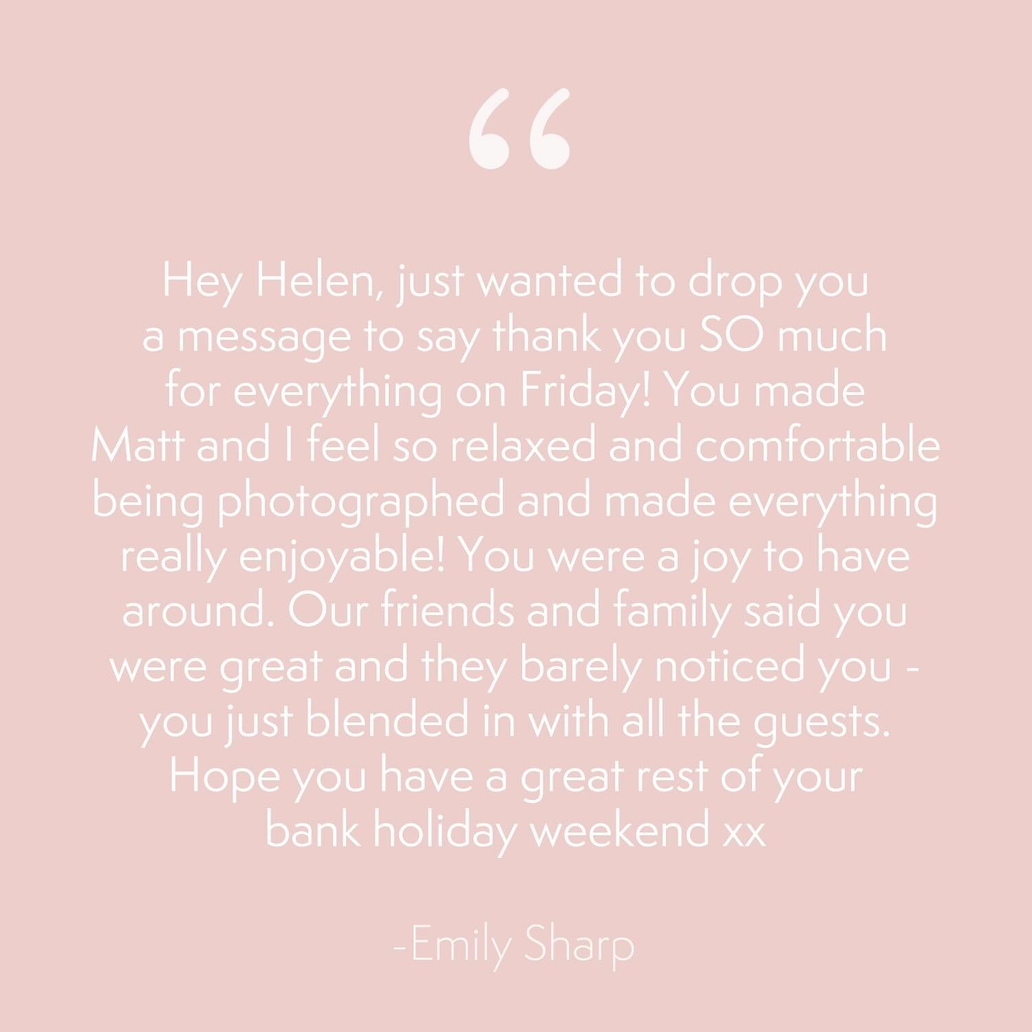 How lovely to receive such kind words after a busy weekend of gorgeous weddings! ☺️ I absolutely loved capturing Emily &amp; Matt&rsquo;s special day, sneak peek coming soon! 😍🤩😍

#weddingtestimonial #weddingreview #kindwords #weddingphotography #