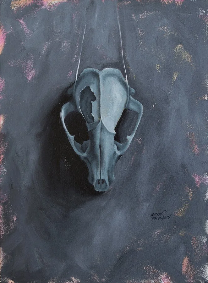 raccoon skull monochromatic grey oil painting