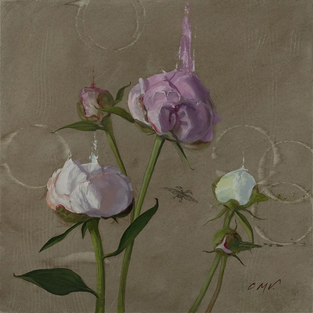 peony floral oil painting with ladybug