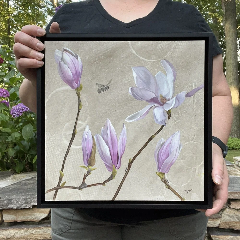 white and pink magnolia botanical style oil painting with a bee and ants drawn in graphite