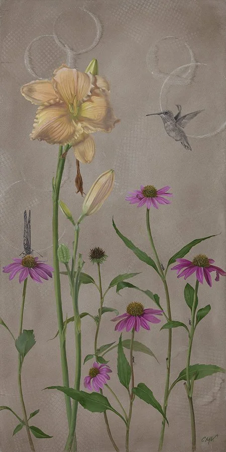 orange day lily and purple coneflower oil painting expressing the beauty of the garden