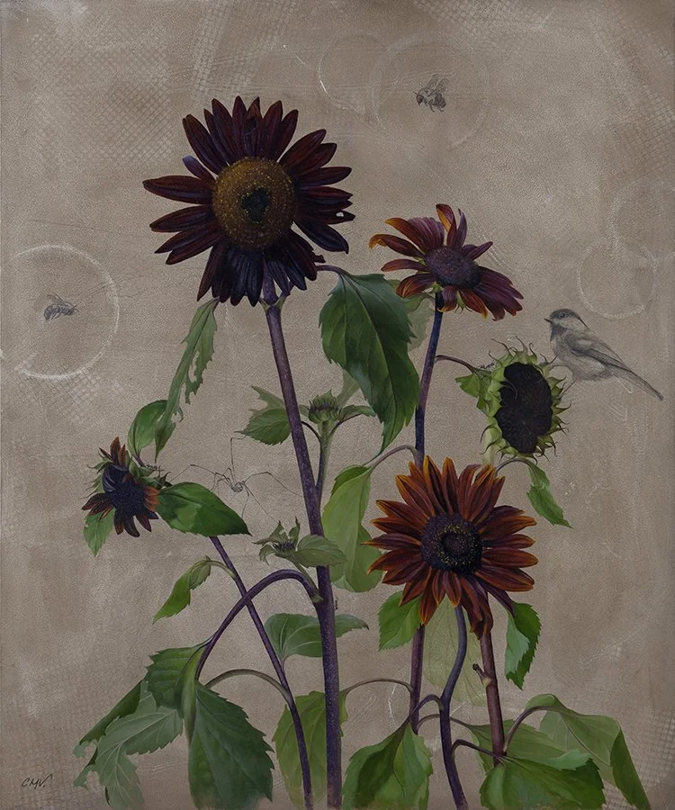 Original oil and graphite painting of five stems of Chocolate Cherry sunflowers grown from seed, shown in stages from seed pod to full bloom. Two approaching bumblebees, an ant being hunted by a daddy long legs, and a black-capped chickadee
