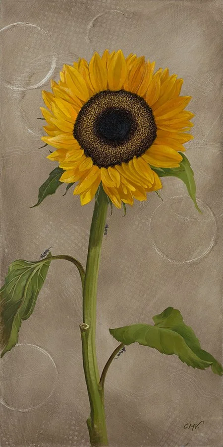 yellow sunflower still life painting with insects