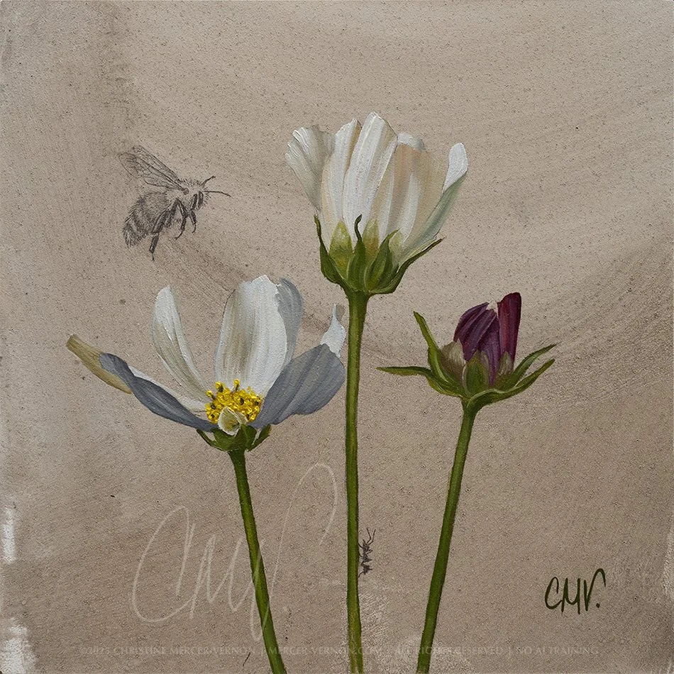 cosmos flower still life oil painting with bumble bee