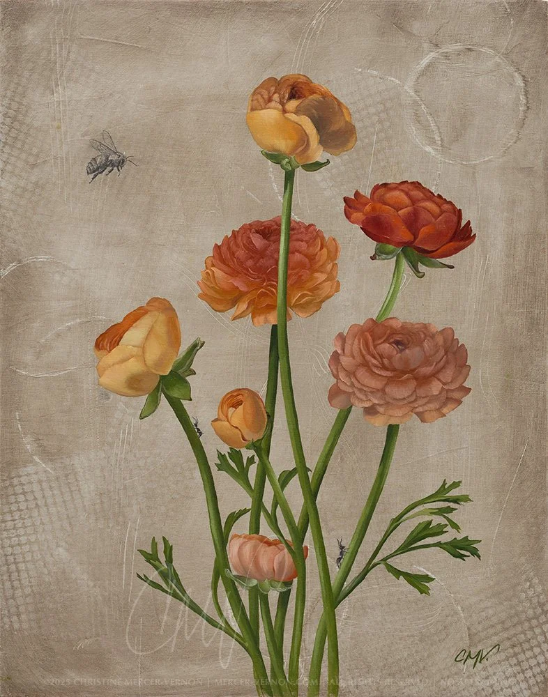 ranunculus floral oil painting expressing quiet beauty