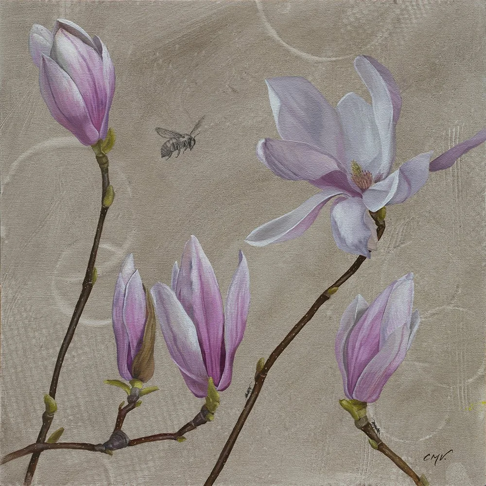 magnolia oil painting with bee and ants