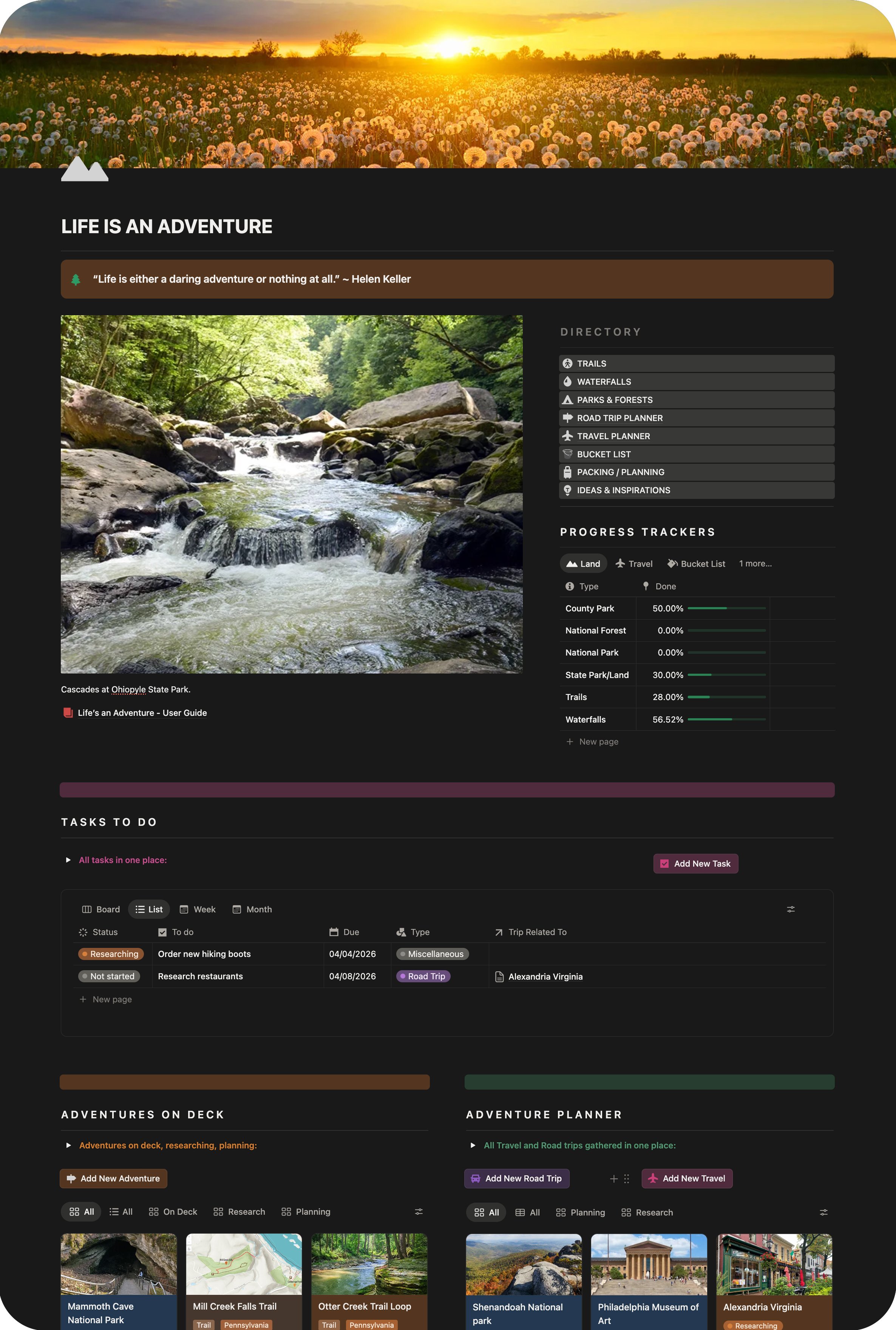 Home page in dark mode of Notion Adventure Manager