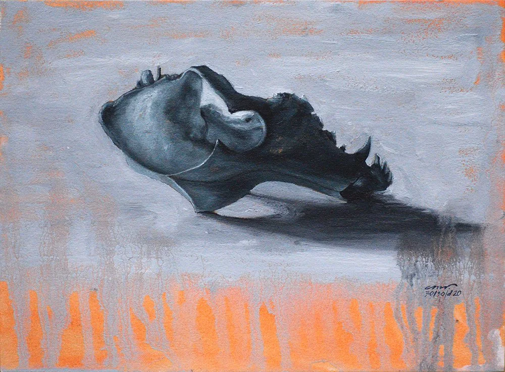 dog skull black and white oil painting