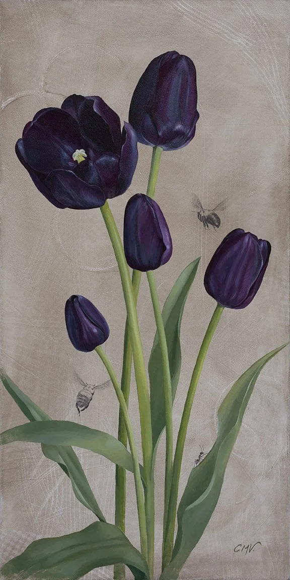 black tulip oil painting with pollinators
