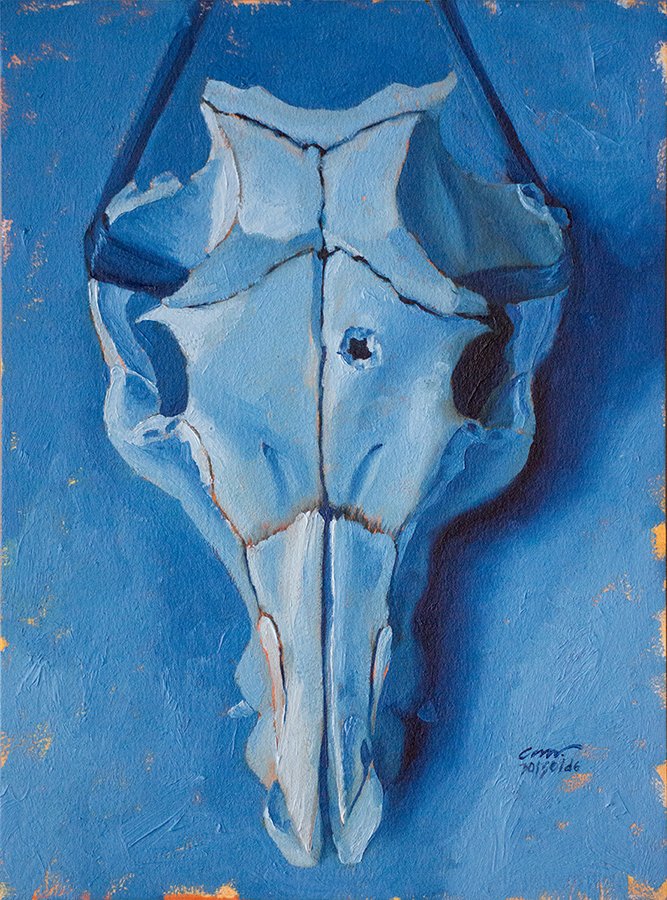 pig skull blue monochromatic oil painting