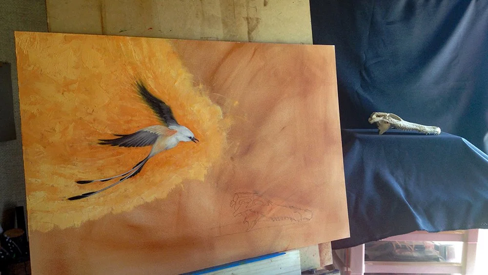 A painting of a bird with a white body, black tail, and black markings on the wings flying against an orange and yellow background. The painting is on a panel.