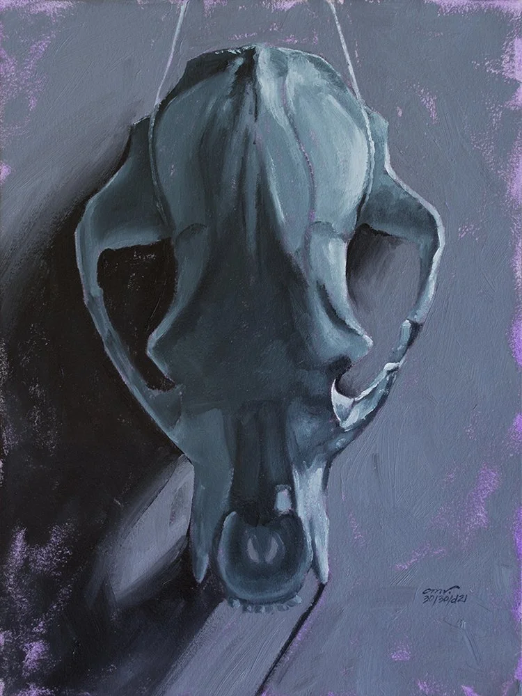 black bear skull monochromatic oil painting