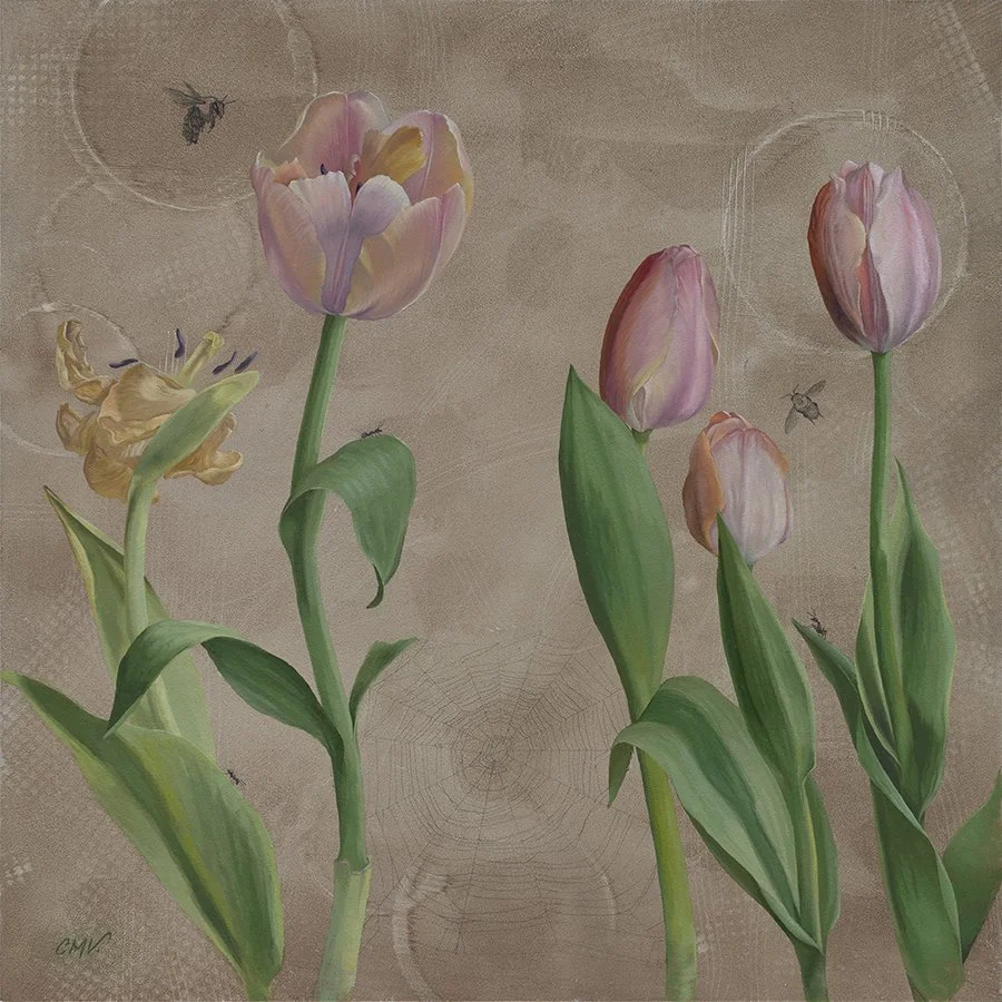 pale pink tulip still life painting with insects