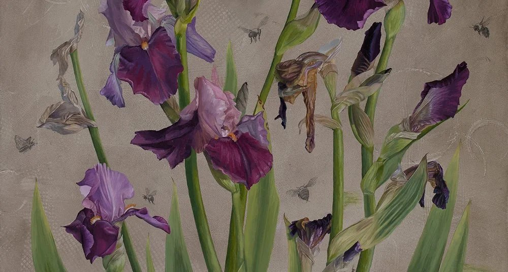 cropped detail of a large purple iris oil painting showing varying stages from the life cycle of the flower