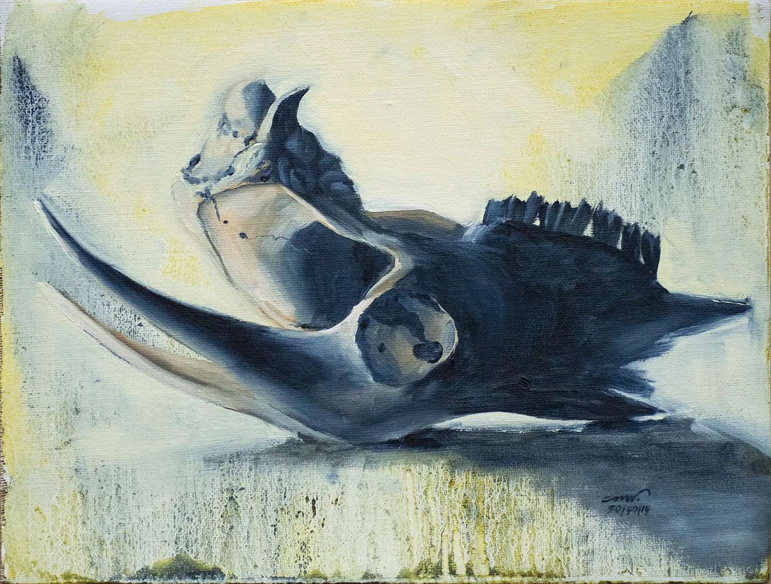 a duotone oil painting of a goat skull, lying upside down. the colors are a deep paynes grey blue and yellow green color.