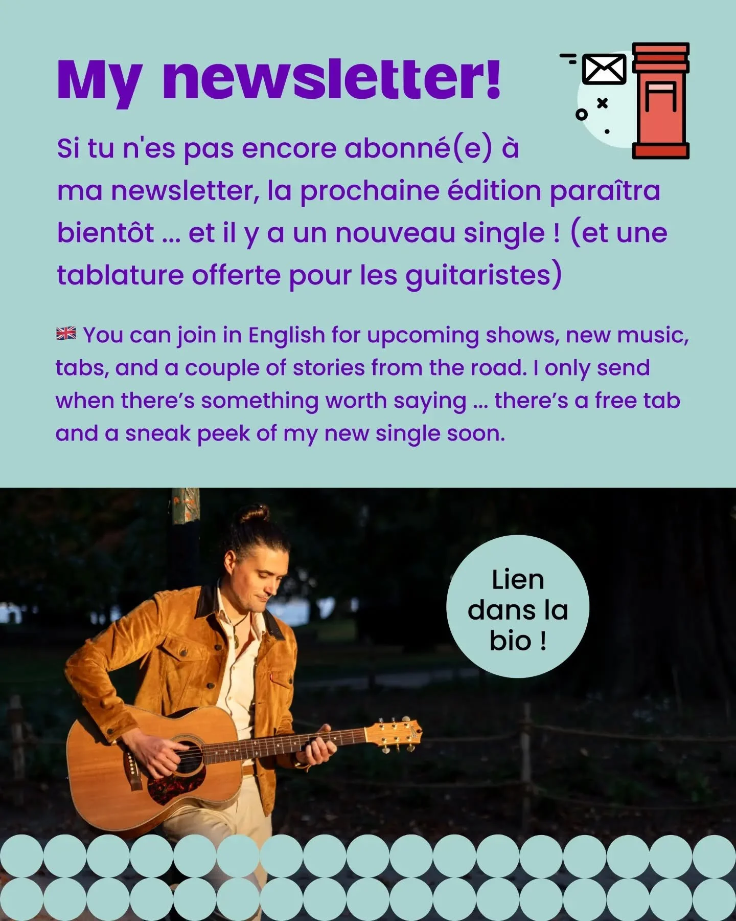 Si tu n'es pas encore abonn&eacute;(e) &agrave; ma newsletter, la prochaine &eacute;dition para&icirc;tra bient&ocirc;t ... et il y a un nouveau single ! (et une tablature offerte pour les guitaristes)

🇬🇧 You can join in English for upcoming shows