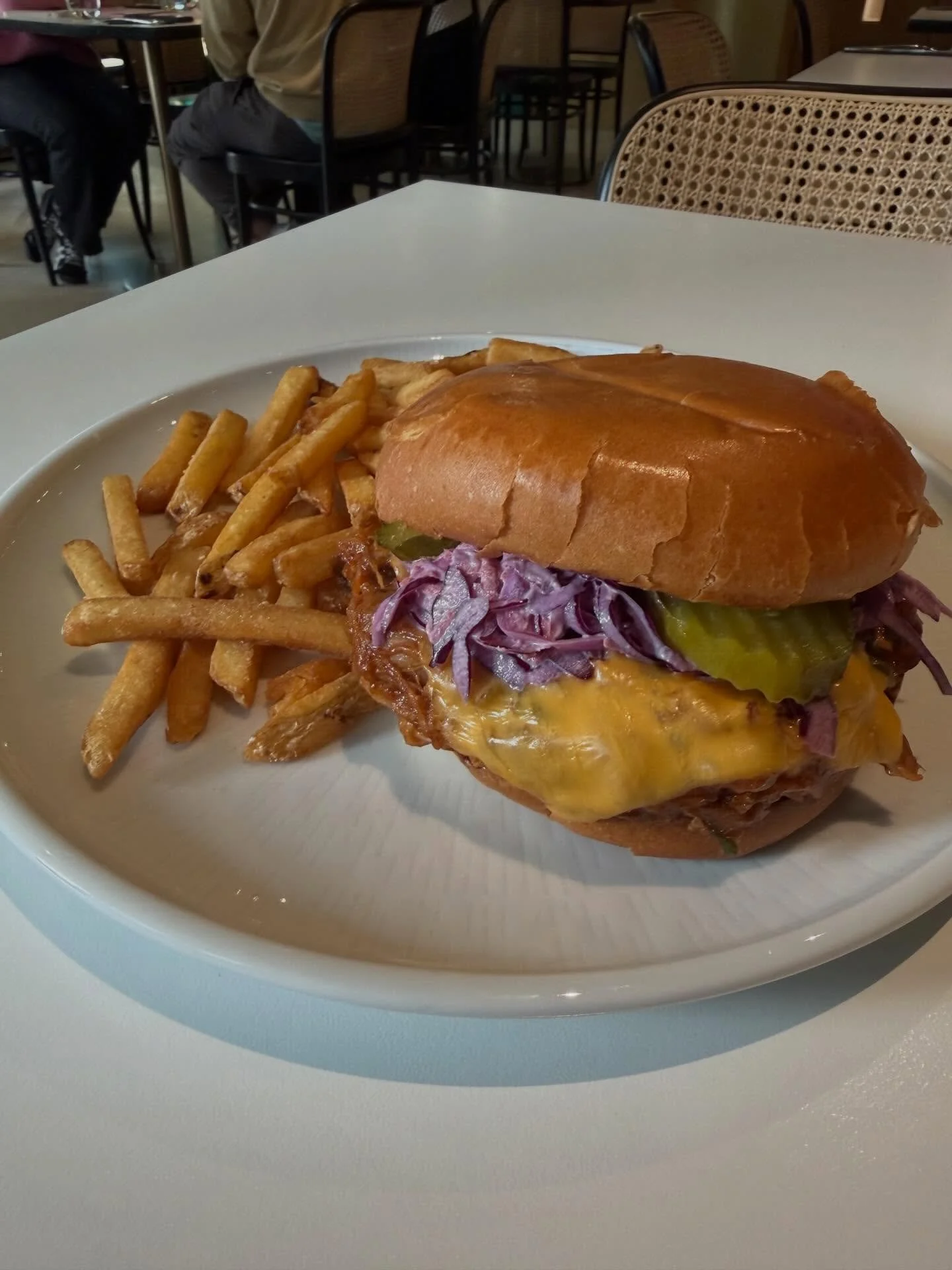 Looking forward to seeing you this weekend from 10am 🥳

📸 pulled pork sandwich with homemade bbq, slaw + pickles on a brioche bun with fries 😋