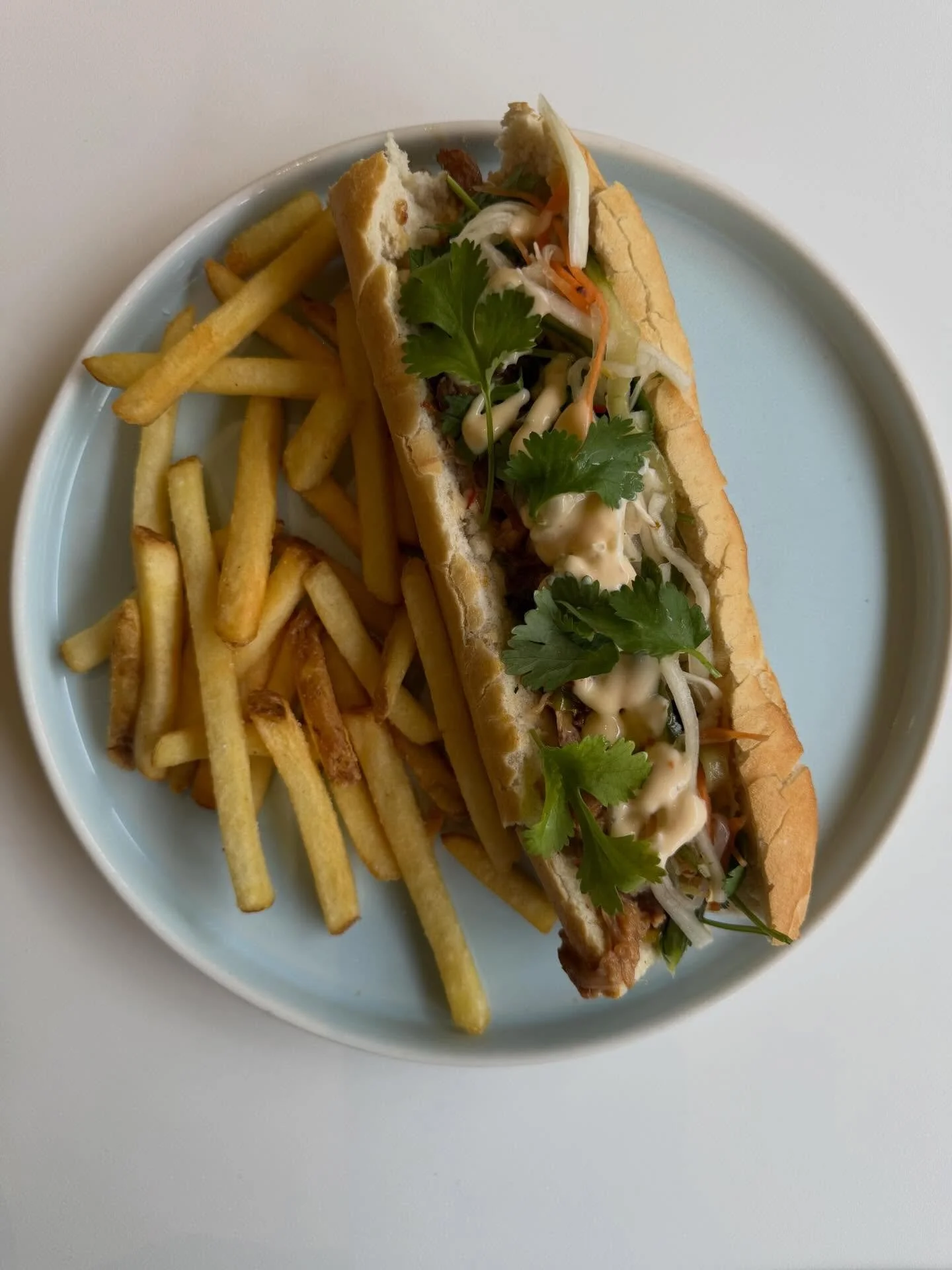 Happy Bank Holiday weekend!! We are open Saturday Sunday &amp; Monday from 10am 💗 ⛅️

📸 pork banh mi - pulled pork, pickled veggies, mayo, coriander, baguette and fries (if you want more fries you can ask 💫)