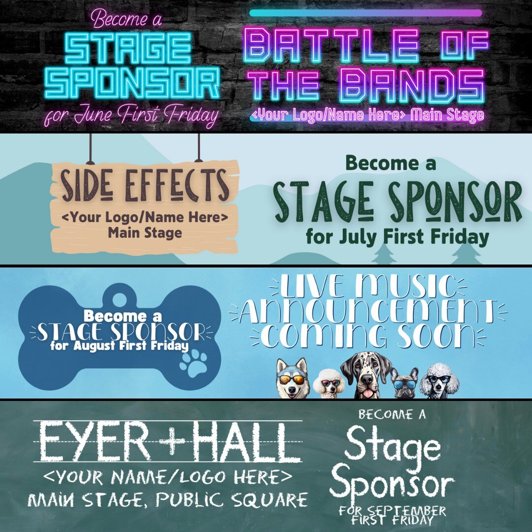 SPONSORSHIP OPPORTUNITY: First Friday Main Stage

We are committed to bringing you LIVE MUSIC at all four First Fridays in 2024 and are currently seeking stage sponsors to help underwrite that endeavor and other entertainment activities. If you or yo