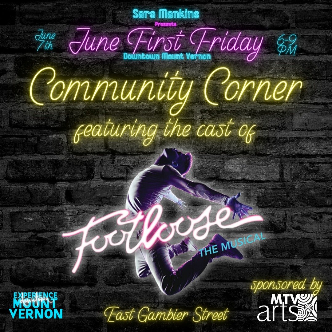 ✨Hey, hey! What's this I see? I thought this was a party. LET'S DANCE!✨ Be sure to head down to the June First Friday Community Corner on East Gambier Street sponsored by our friends at MTVarts to catch the cast of Footloose giving a preview of their