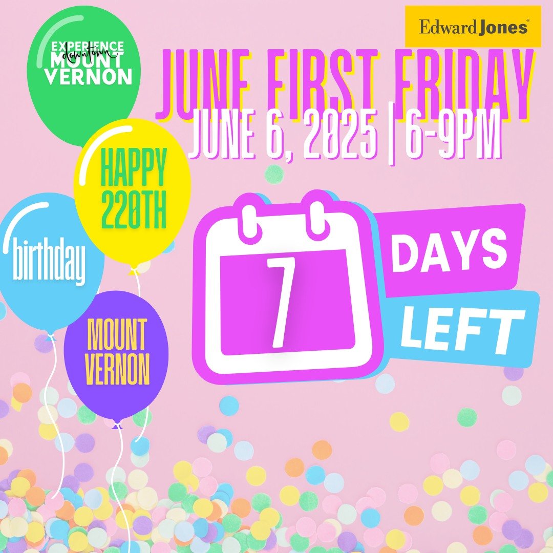🎉 One week until June First Friday presented by Edward Jones: Happy 220th Birthday Mount Vernon!
Check out the June First Friday Edition of the Summer 2025 Shopping &amp; Dining Guide to plan your full evening of shopping, dining, and First Friday f