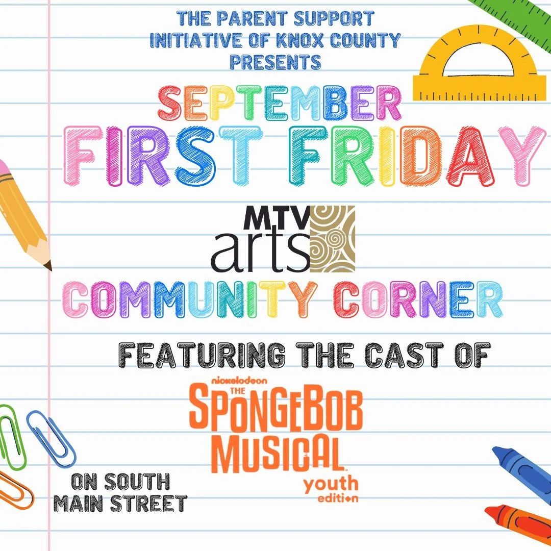 🎭 Don&rsquo;t miss the MTVarts cast of SpongeBob the Musical lighting up the South Main Street Stage at our MTVarts Community Corner!
See these talented young performers bring joy, color, and character to First Friday!
In addition to a SpongeBob sne
