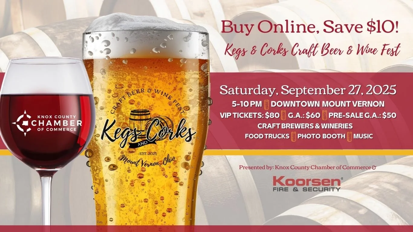 🍷+🍺 Save the Date: Sept 27!
Join us for the inaugural Kegs &amp; Corks Craft Beer &amp; Wine Fest in Downtown Mount Vernon, hosted by @knoxchamberohio. VIP tickets ($80) are available now&mdash;snag early entry, exclusive perks, and a glass to keep