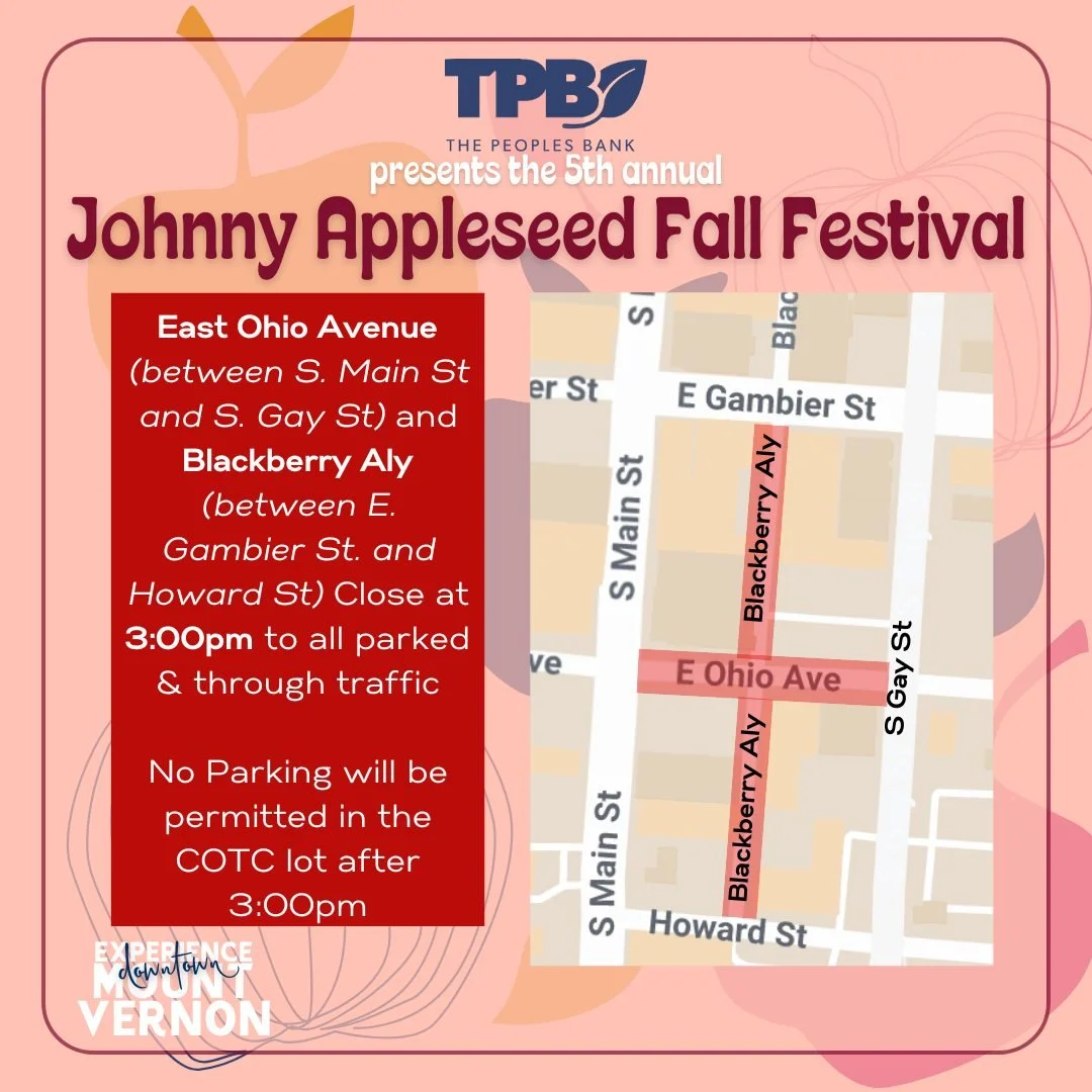 🍎🍁 The wait is almost over! 🍁🍎

Join us TOMORROW for the 5th Annual Johnny Appleseed Fall Festival presented by The Peoples Bank of Gambier in Downtown Mount Vernon!

East Ohio Avenue, between S. Main Street and S. Gay Street, will close to all t